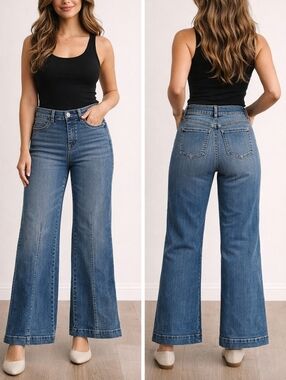 SPANX Wide Leg Jeans M Petite High Rise Stretch Denim Vintage Indigo